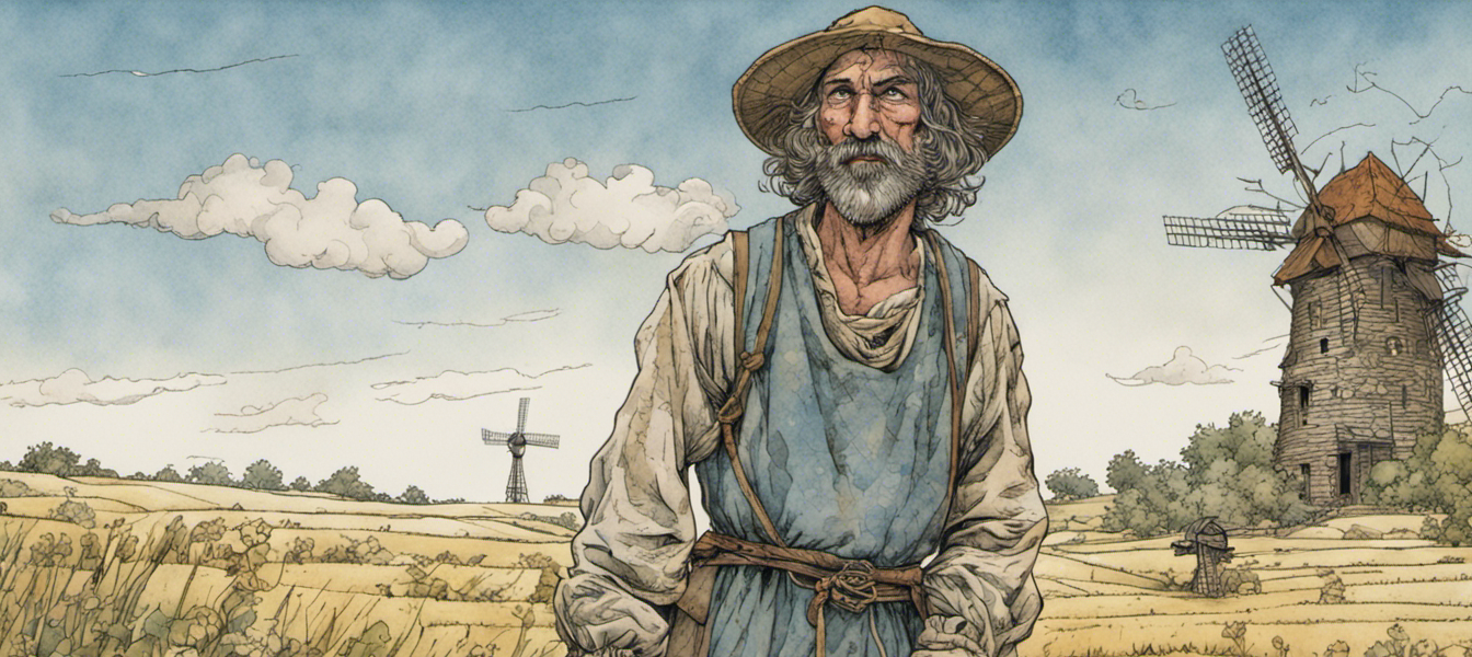 A medieval peasant in a field with windmills in the background