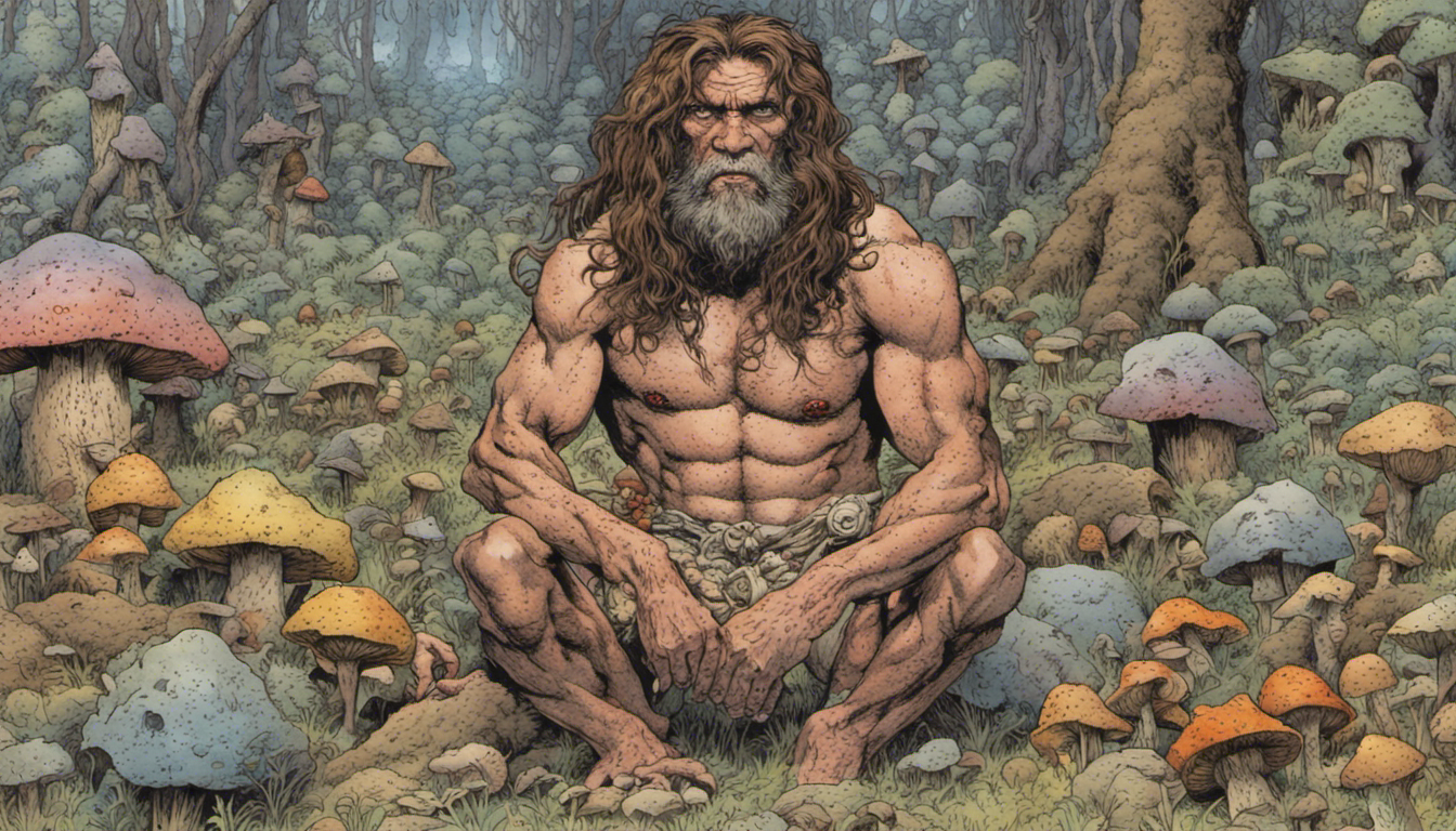 A prehistoric man, sitting in a forest full of different mushrooms