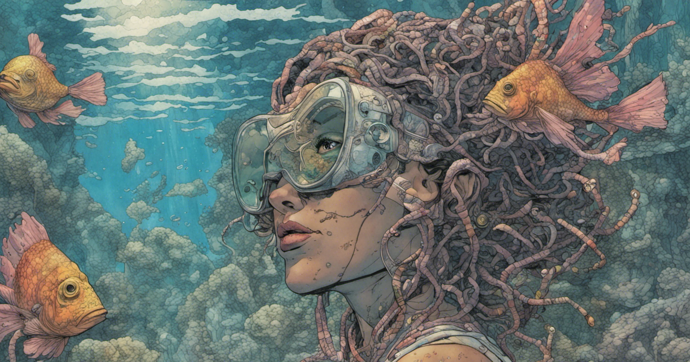 A woman underwater with fish, wearing high-tech goggles