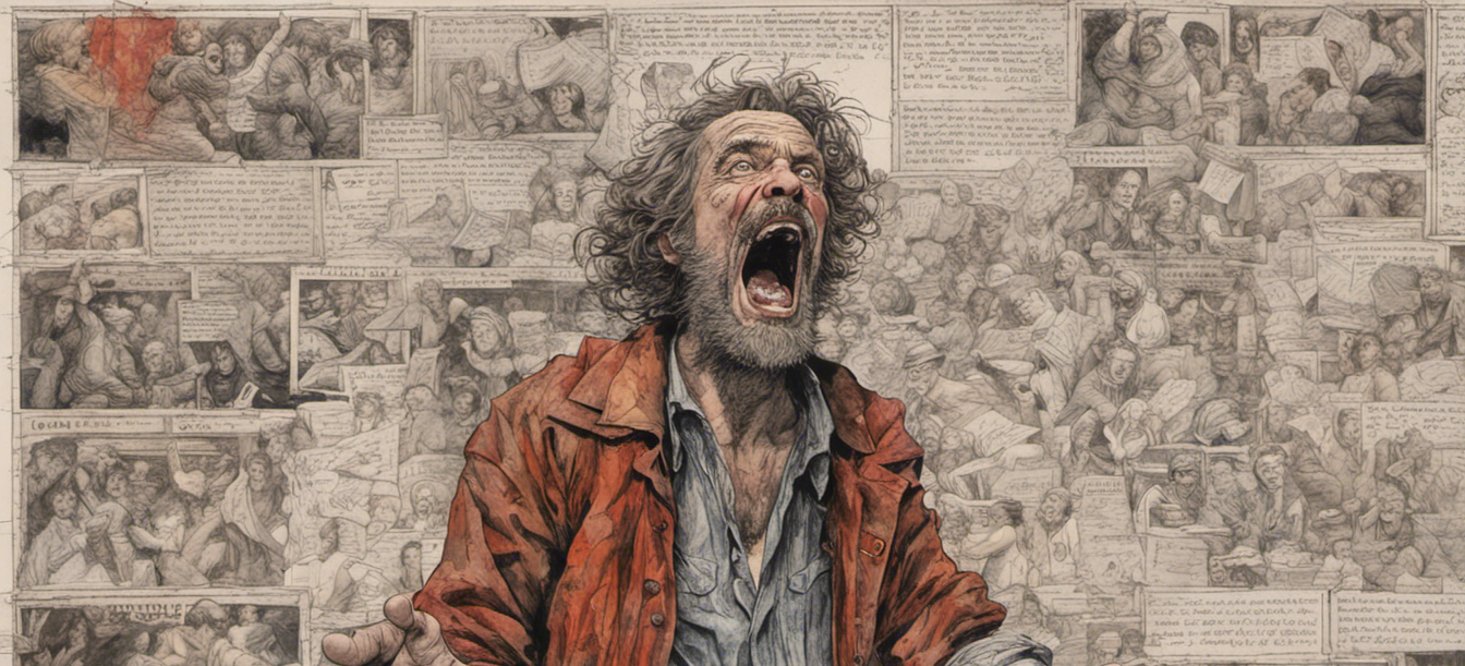 A crazy man in front of wall of newspaper clippings, screaming